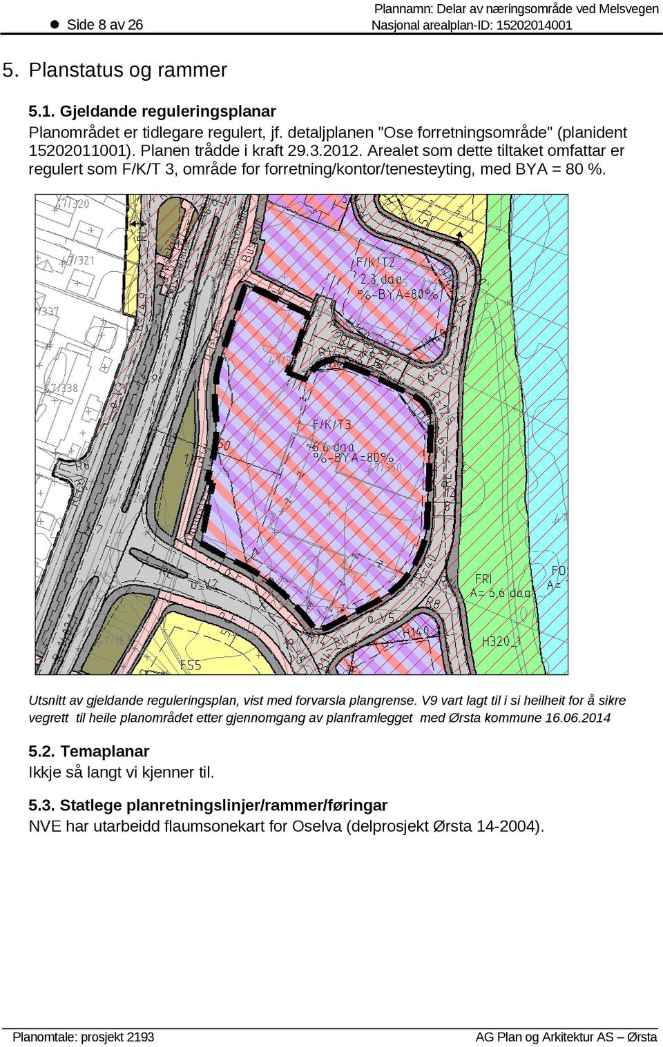 Arealet som dette tiltaket omfattar er regulert som F/K/T 3, område for forretning/kontor/tenesteyting, med BYA = 80 %.