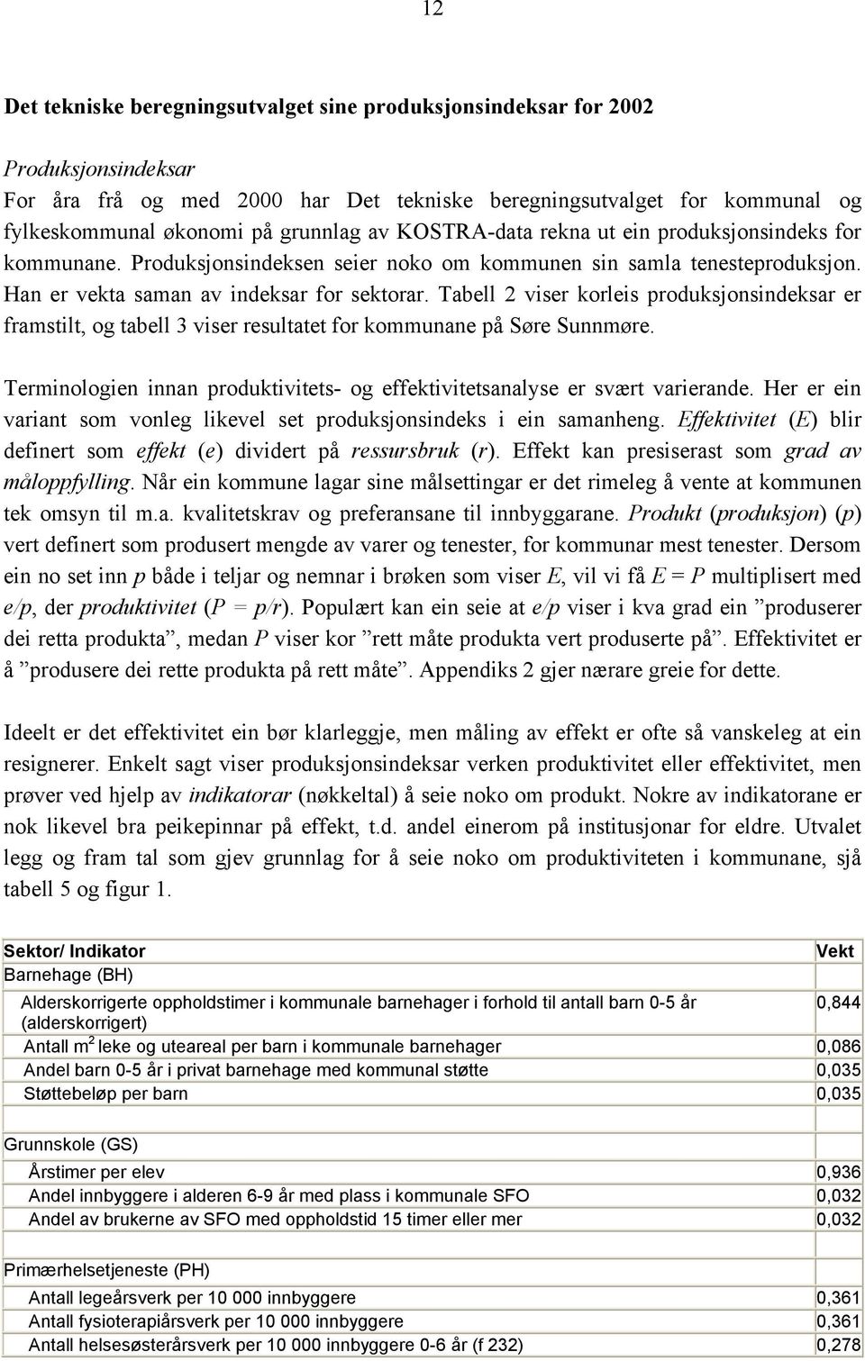 Tabell 2 viser korleis produksjonsindeksar er framstilt, og tabell 3 viser resultatet for kommunane på Søre Sunnmøre. Terminologien innan produktivitets- og effektivitetsanalyse er svært varierande.