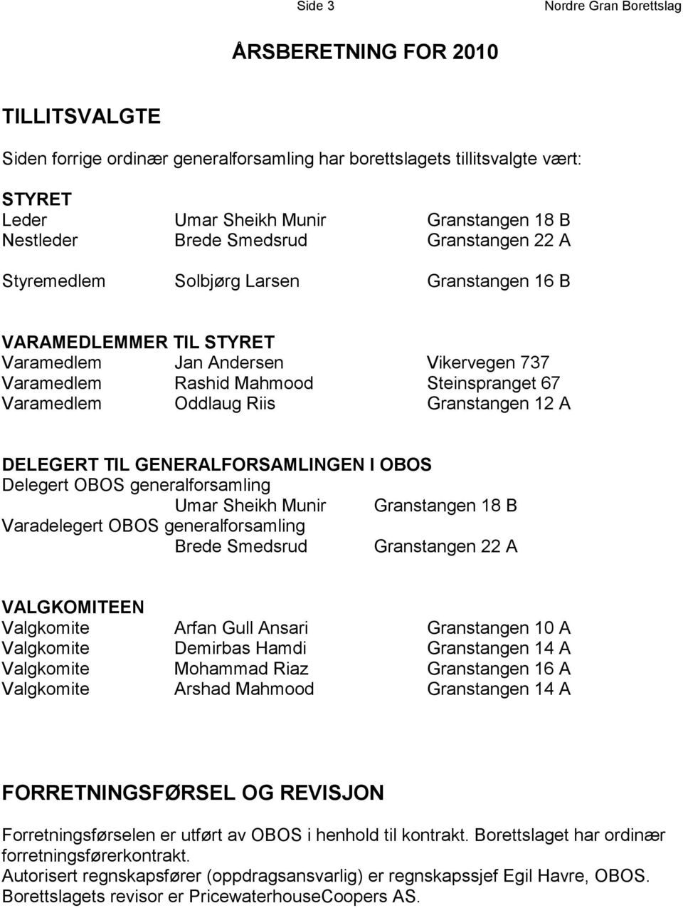 Varamedlem Oddlaug Riis Granstangen 12 A DELEGERT TIL GENERALFORSAMLINGEN I OBOS Delegert OBOS generalforsamling Umar Sheikh Munir Granstangen 18 B Varadelegert OBOS generalforsamling Brede Smedsrud