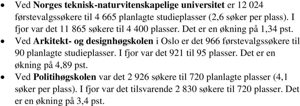 Ved Arkitekt- og designhøgskolen i Oslo er det 966 førstevalgssøkere til 90 planlagte studieplasser. I fjor var det 921 til 95 plasser.