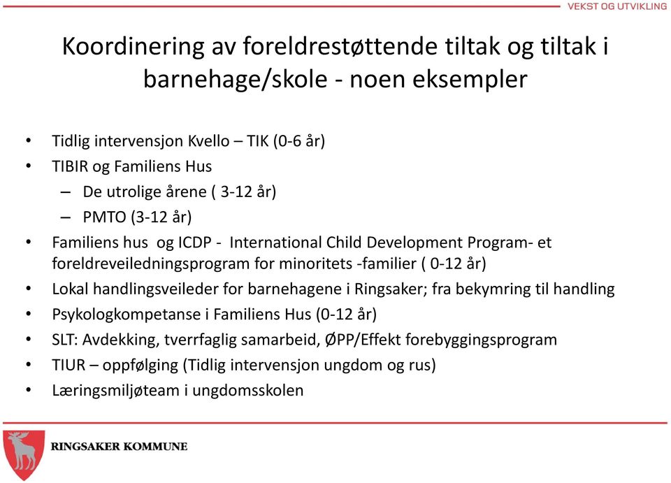 minoritets -familier ( 0-12 år) Lokal handlingsveileder for barnehagene i Ringsaker; fra bekymring til handling Psykologkompetanse i Familiens Hus