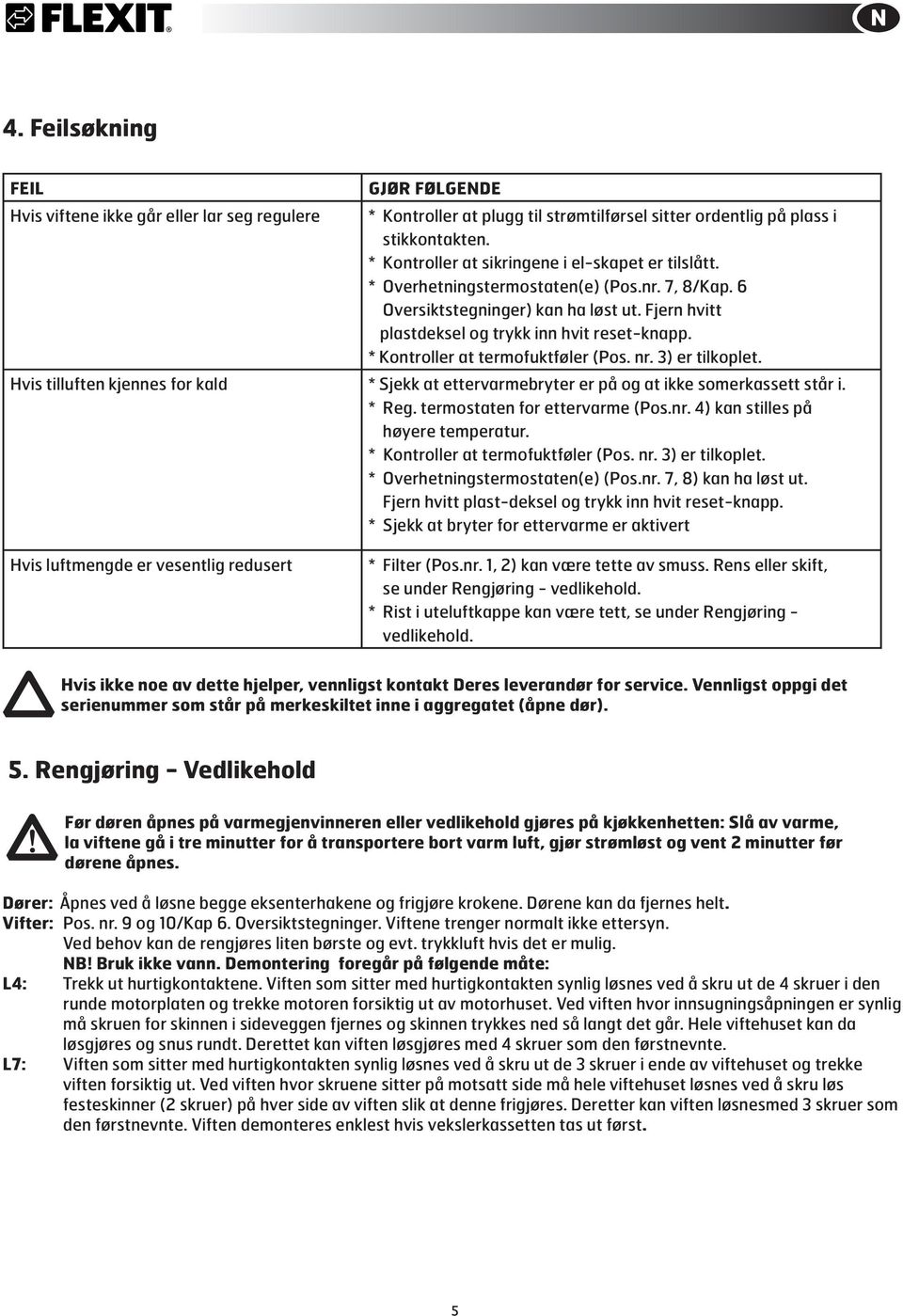 * Kontroller at termofuktføler (Pos. nr. 3) er tilkoplet. Hvis tilluften kjennes for kald * Sjekk at ettervarmebryter er på og at ikke somerkassett står i. * Reg. termostaten for ettervarme (Pos.nr. 4) kan stilles på høyere temperatur.