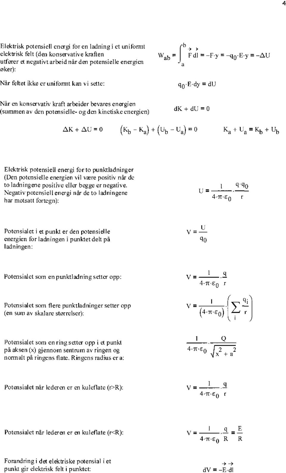 Ua) = 0 Ka Ua = Kb Elektrisk potensiell energi for to punktladninger (Den potensielle energien vil være positiv når de to ladningene positive eller begge er negative.