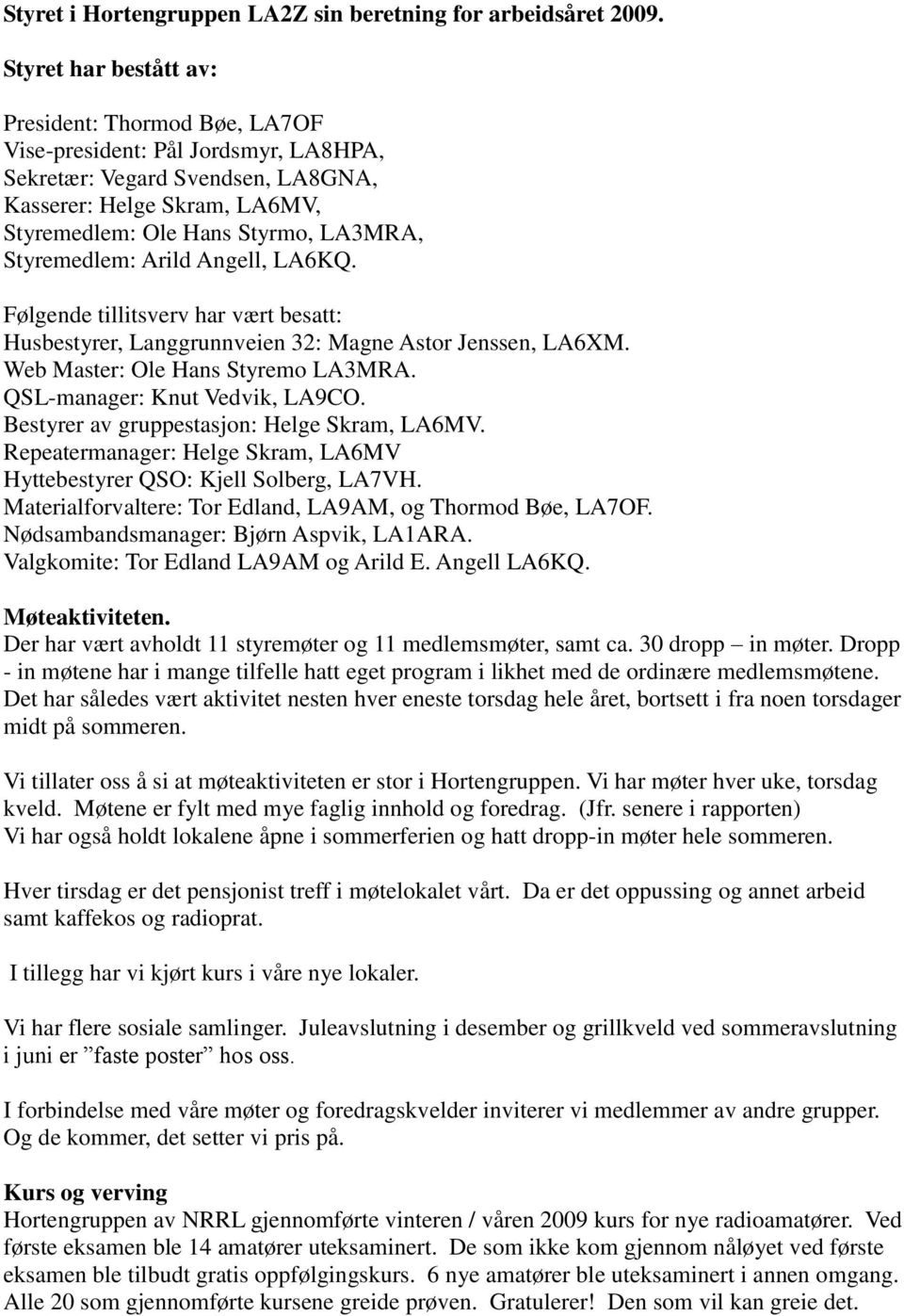 Styremedlem: Arild Angell, LA6KQ. Følgende tillitsverv har vært besatt: Husbestyrer, Langgrunnveien 32: Magne Astor Jenssen, LA6XM. Web Master: Ole Hans Styremo LA3MRA.