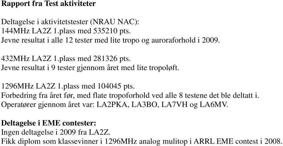 Forbedring fra året før, med flate tropoforhold ved alle 8 testene det ble deltatt i. Operatører gjennom året var: LA2PKA, LA3BO, LA7VH og LA6MV.