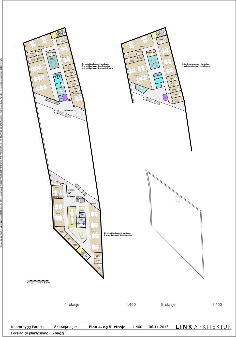 arbeidsplasser i cellekontor 4 arbeidsplasser i prosjektkontor M 34 arbeidsplasser i landskap 9 arbeidsplasser i cellekontor A: 140,0 m A: 110,5 m M A: 13,7 m patch Prosjektkontor A: 41,6 m A: 13,7 m