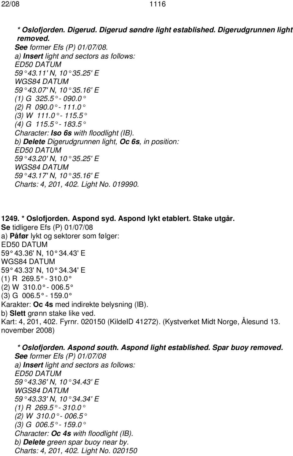 20' N, 10 35.25' E 59 43.17' N, 10 35.16' E Charts: 4, 201, 402. Light No. 019990. 1249. * Oslofjorden. Aspond syd. Aspond lykt etablert. Stake utgår.