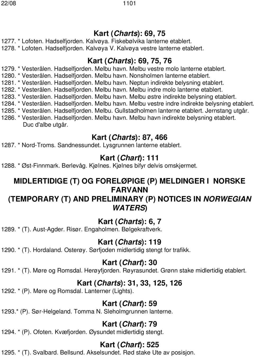 * Vesterålen. Hadselfjorden. Melbu havn. Neptun indirekte belysning etablert. 1282. * Vesterålen. Hadselfjorden. Melbu havn. Melbu indre molo lanterne etablert. 1283. * Vesterålen. Hadselfjorden. Melbu havn. Melbu østre indirekte belysning etablert.