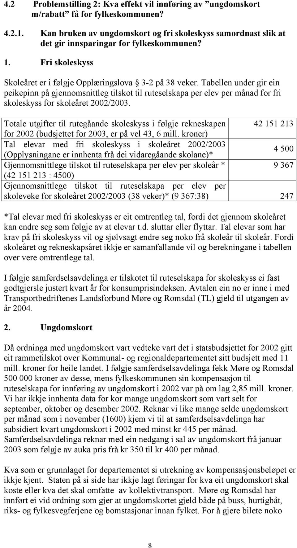 Tabellen under gir ein peikepinn på gjennomsnittleg tilskot til ruteselskapa per elev per månad for fri skoleskyss for skoleåret 2002/2003.