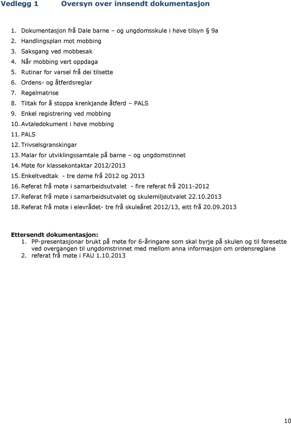 PALS 12. Trivselsgranskingar 13. Malar for utviklingssamtale på barne og ungdomstinnet 14. Møte for klassekontaktar 2012/2013 15. Enkeltvedtak - tre døme frå 2012 og 2013 16.