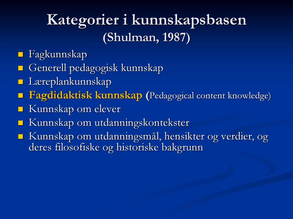 content knowledge) Kunnskap om elever Kunnskap om utdanningskontekster