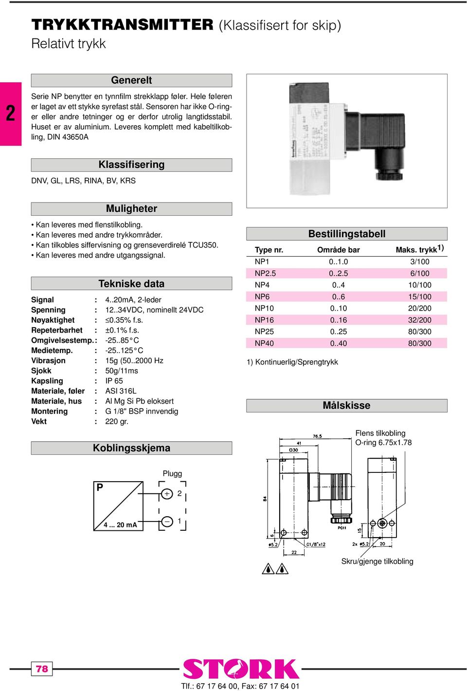 Leveres komplett med kabeltilkobling, DIN 43650A Klassifisering DNV, GL, LRS, RINA, BV, KRS Kan leveres med flenstilkobling. Kan leveres med andre trykkområder.