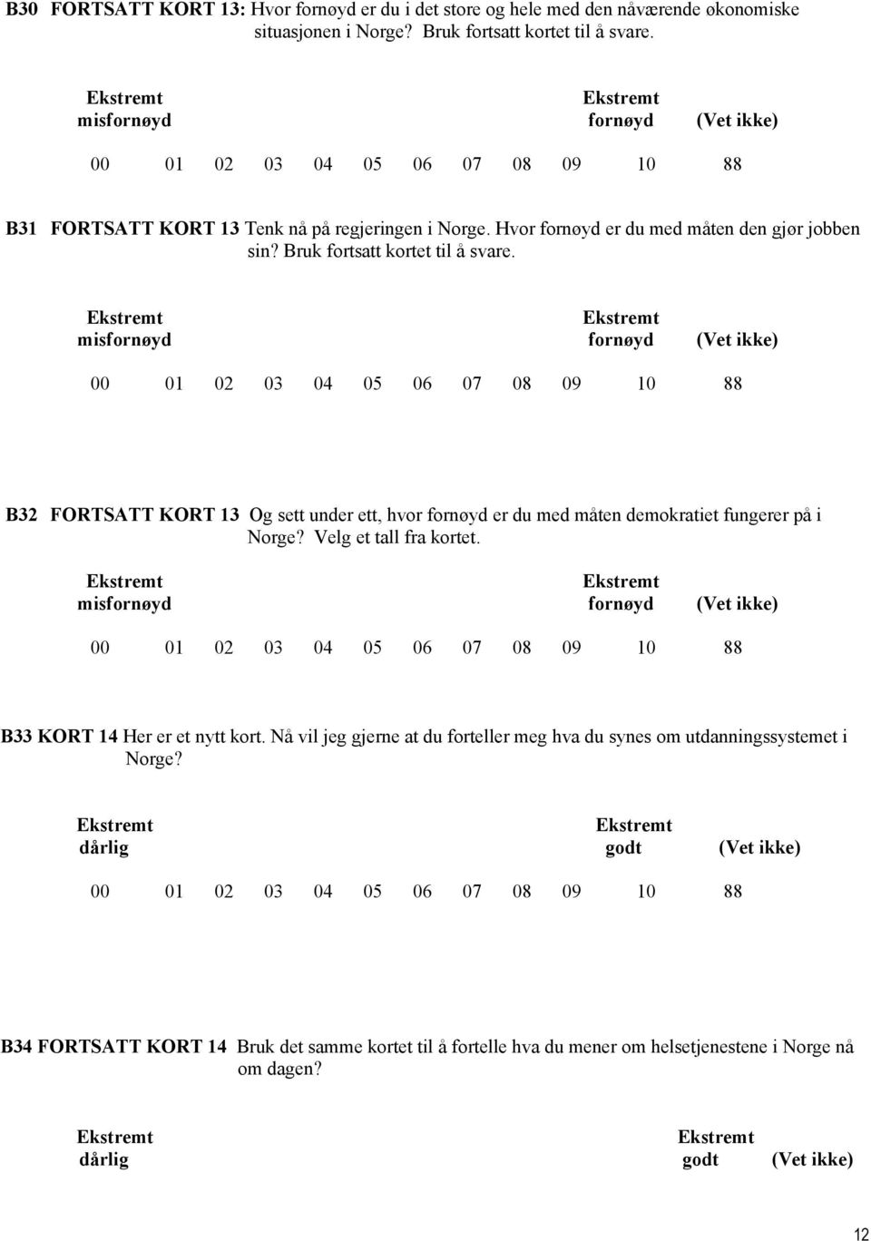 Ekstremt Ekstremt misfornøyd fornøyd (Vet ikke) B32 FORTSATT KORT 13 Og sett under ett, hvor fornøyd er du med måten demokratiet fungerer på i Norge? Velg et tall fra kortet.