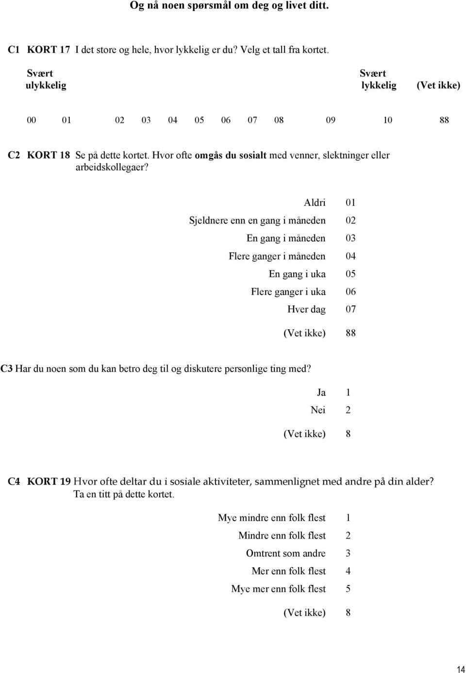 Aldri 01 Sjeldnere enn en gang i måneden 02 En gang i måneden 03 Flere ganger i måneden 04 En gang i uka 05 Flere ganger i uka 06 Hver dag 07 8 C3 Har du noen som du kan betro deg