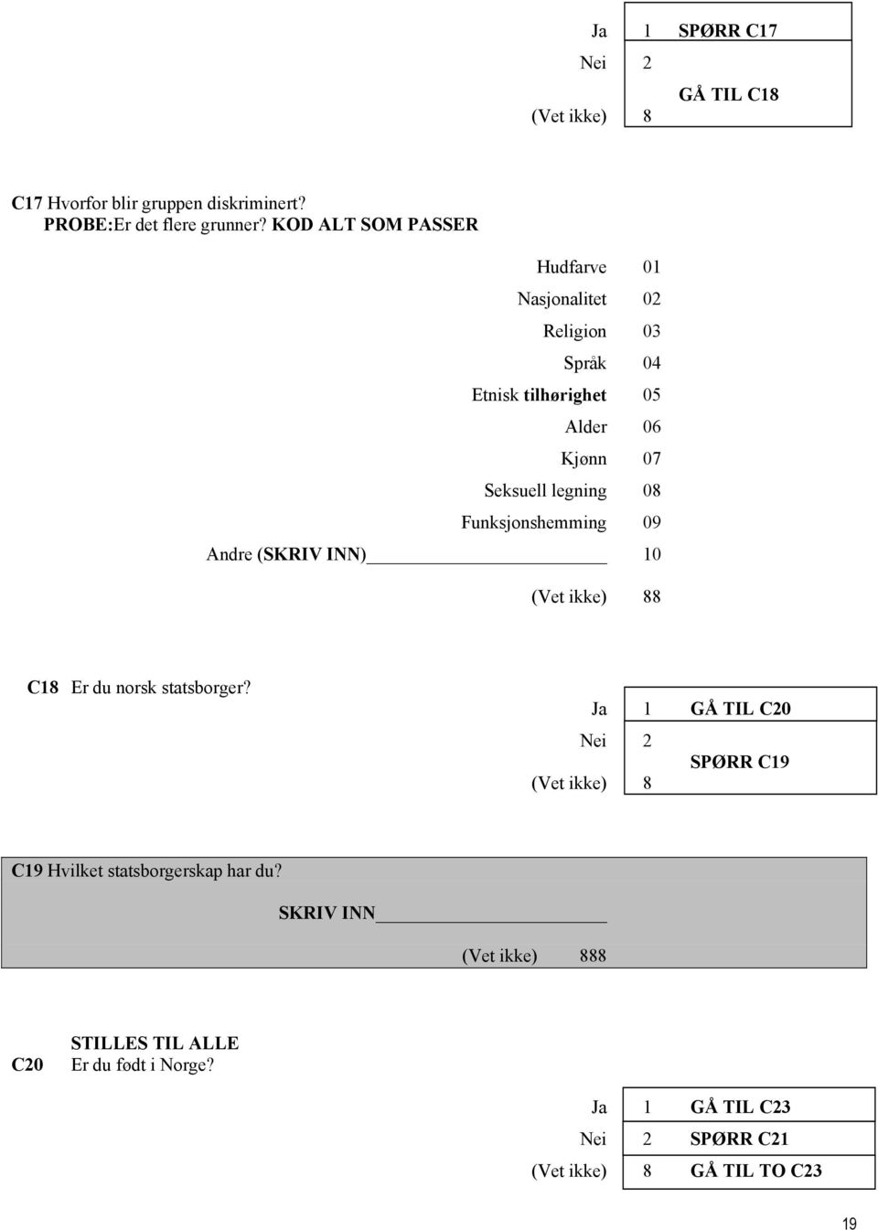 Seksuell legning 08 Funksjonshemming 09 Andre (SKRIV INN) 10 8 C18 Er du norsk statsborger?