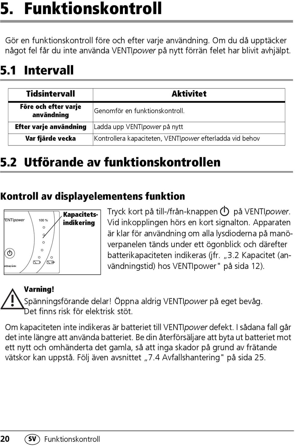 Ladda upp VENTIpower på nytt Kontrollera kapaciteten, VENTIpower efterladda vid behov 5.