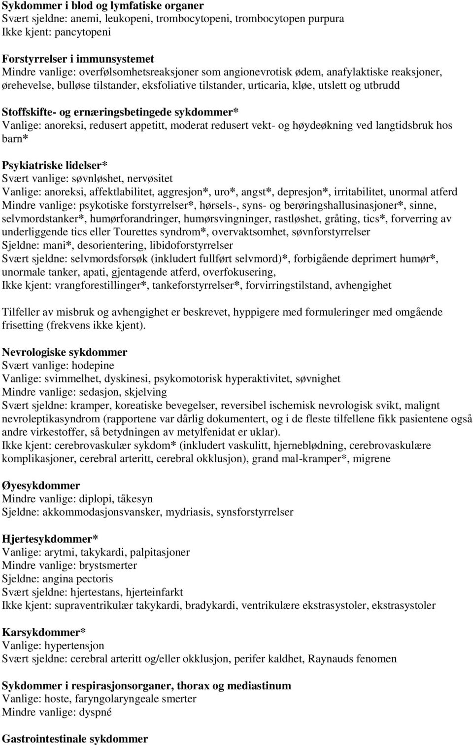 ernæringsbetingede sykdommer* Vanlige: anoreksi, redusert appetitt, moderat redusert vekt- og høydeøkning ved langtidsbruk hos barn* Psykiatriske lidelser* Svært vanlige: søvnløshet, nervøsitet