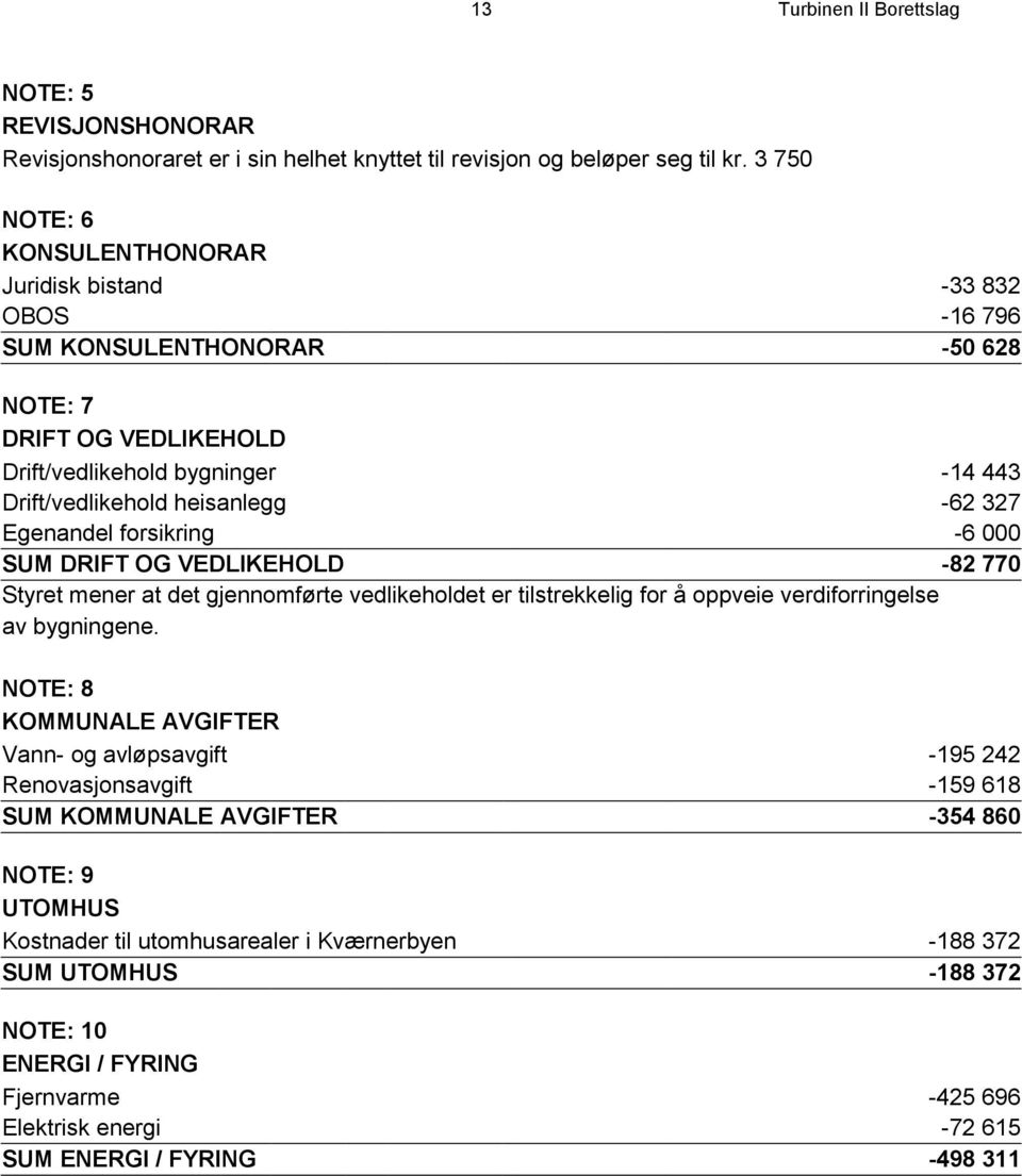 Egenandel forsikring -6 000 SUM DRIFT OG VEDLIKEHOLD -82 770 Styret mener at det gjennomførte vedlikeholdet er tilstrekkelig for å oppveie verdiforringelse av bygningene.