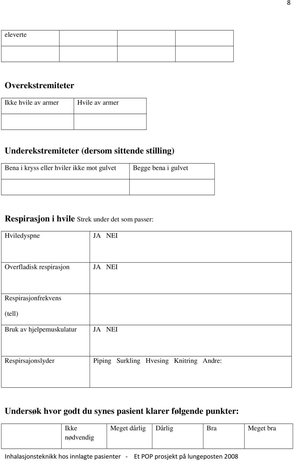 Overfladisk respirasjon JA NEI Respirasjonfrekvens (tell) Bruk av hjelpemuskulatur JA NEI Respirsajonslyder Piping Surkling