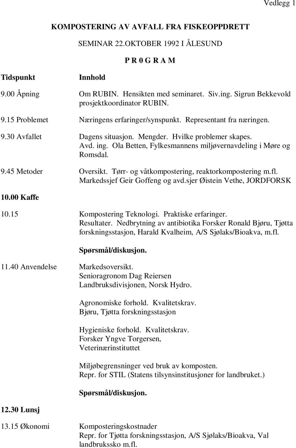 Ola Betten, Fylkesmannens miljøvernavdeling i Møre og Romsdal. 9.45 Metoder Oversikt. Tørr- og våtkompostering, reaktorkompostering m.fl. Markedssjef Geir Goffeng og avd.