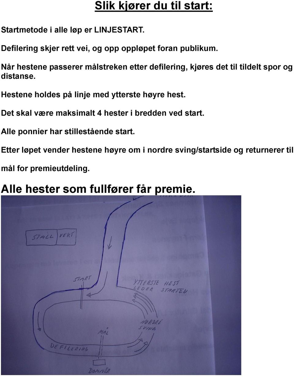 Hestene holdes på linje med ytterste høyre hest. Det skal være maksimalt 4 hester i bredden ved start.