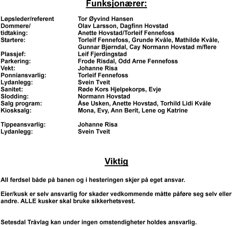 Arne Fennefoss Johanne Risa Torleif Fennefoss Svein Tveit Røde Kors Hjelpekorps, Evje Normann Hovstad Åse Usken, Anette Hovstad, Torhild Lidi Kvåle Mona, Evy, Ann Berit, Lene og Katrine Johanne Risa