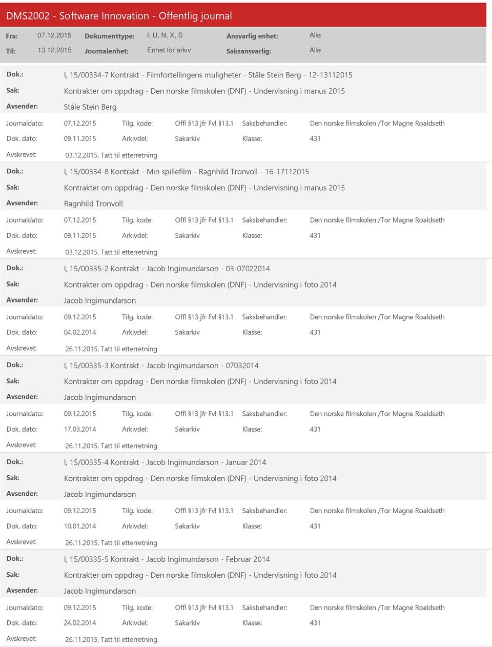 2015 Arkivdel: Sakarkiv I, 15/00334-8 Kontrakt - Min spillefilm - Ragnhild Tronvoll - 16-17112015 Kontrakter om oppdrag - Den norske filmskolen (DNF) - ndervisning i manus 2015 Ragnhild Tronvoll Dok.