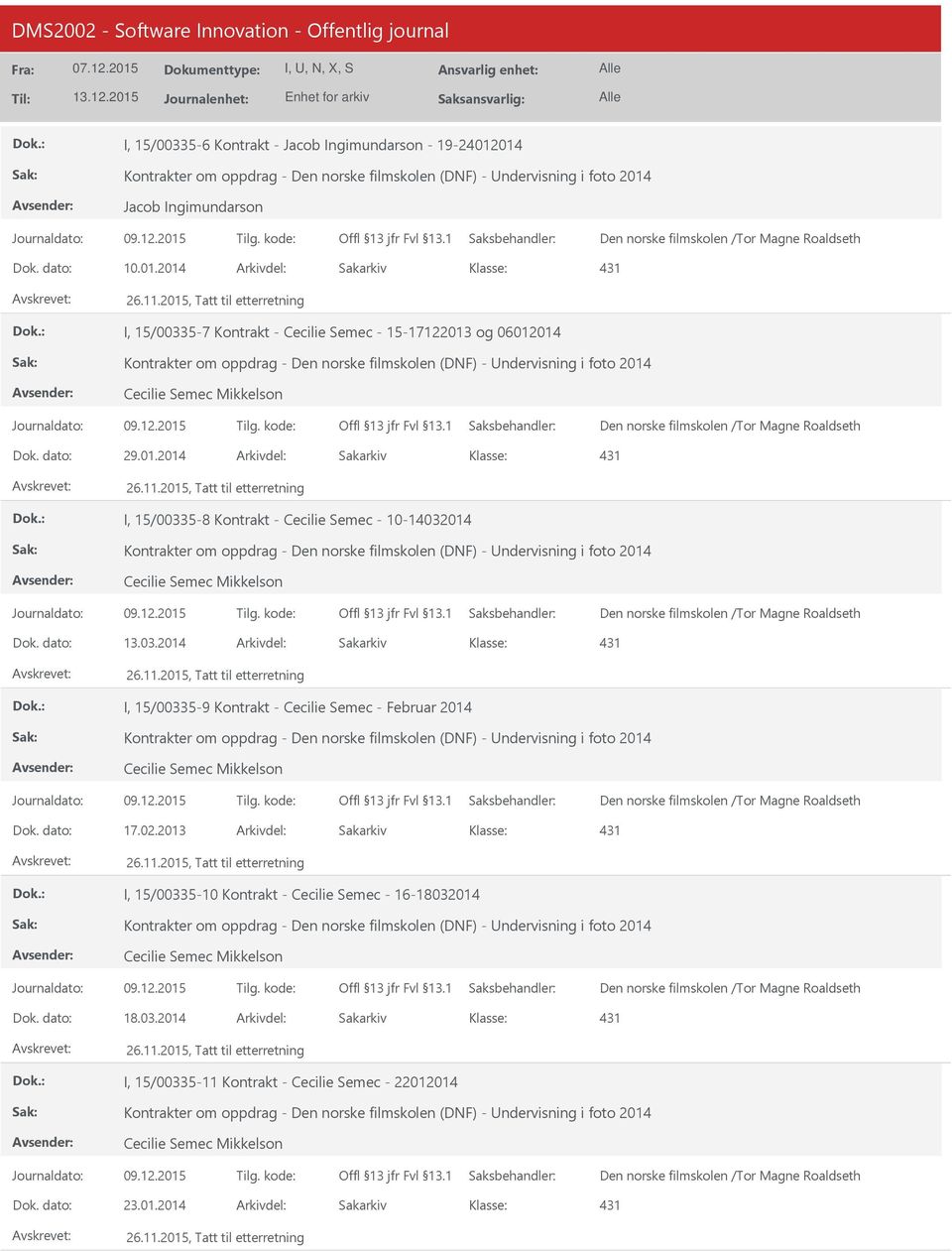 dato: 29.01.2014 Arkivdel: Sakarkiv I, 15/00335-8 Kontrakt - Cecilie Semec - 10-14032014 Kontrakter om oppdrag - Den norske filmskolen (DNF) - ndervisning i foto 2014 Cecilie Semec Mikkelson Dok.