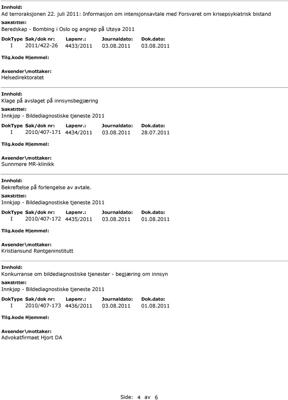 Helsedirektoratet Klage på avslaget på innsynsbegjæring nnkjøp - Bildediagnostiske tjeneste 2011 2010/407-