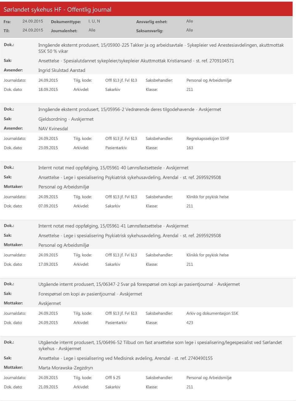 dato: 23.09.2015 Arkivdel: Pasientarkiv 163 Internt notat med oppfølging, 15/05961-40 Lønnsfastsettesle - Ansettelse - Lege i spesialisering Psykiatrisk sykehusavdeling, Arendal - st. ref.