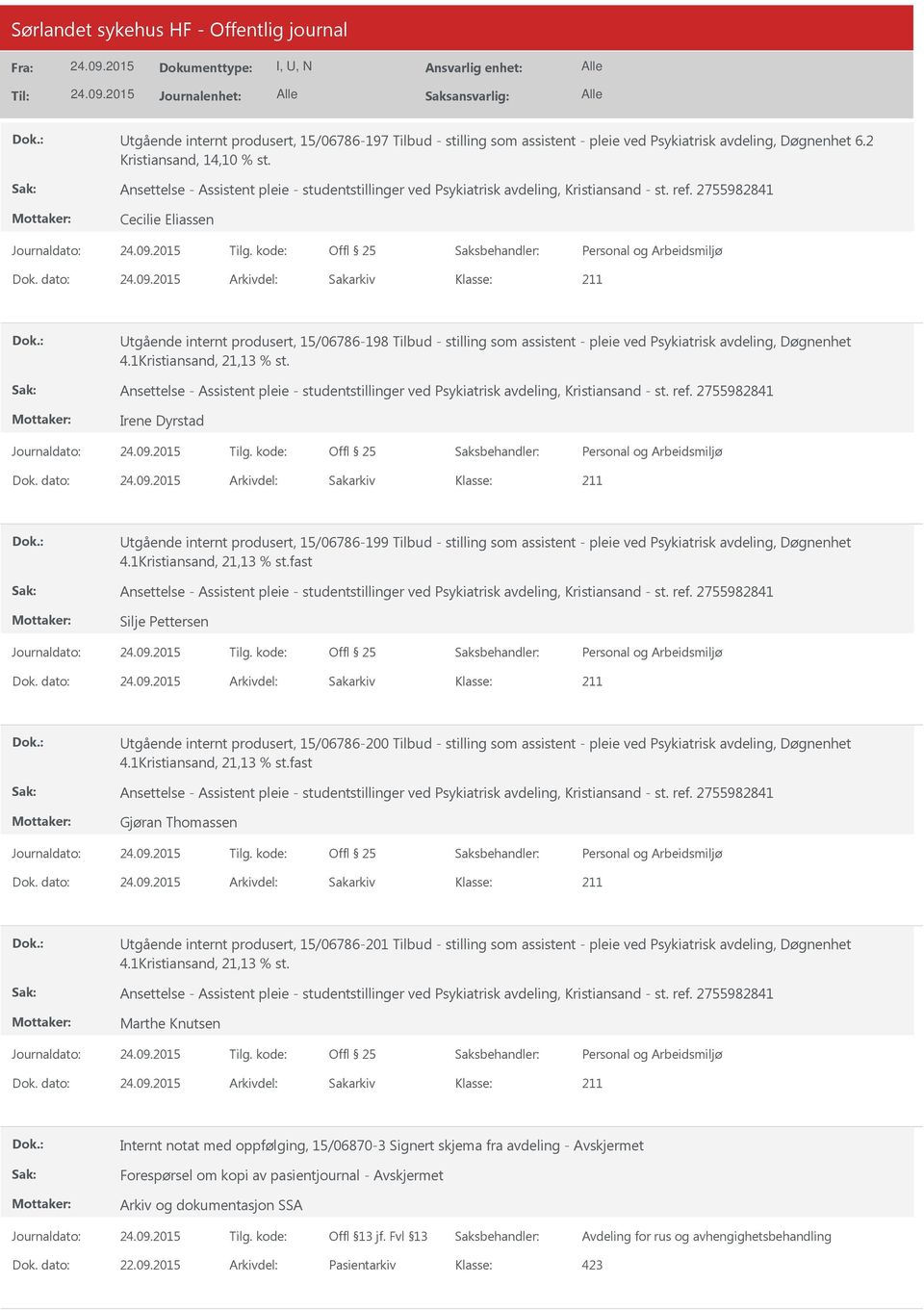 dato: Arkivdel: Sakarkiv tgående internt produsert, 15/06786-198 Tilbud - stilling som assistent - pleie ved Psykiatrisk avdeling, Døgnenhet 4.1Kristiansand, 21,13 % st.