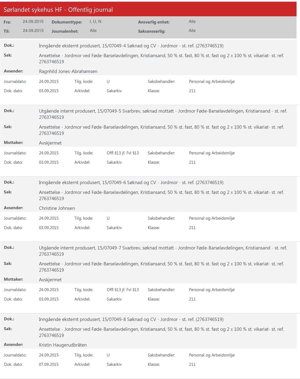 2015 Arkivdel: Sakarkiv Inngående eksternt produsert, 15/07049-6 Søknad og CV - Jordmor - st. ref. () Christine Johnsen Dok. dato: 03.09.