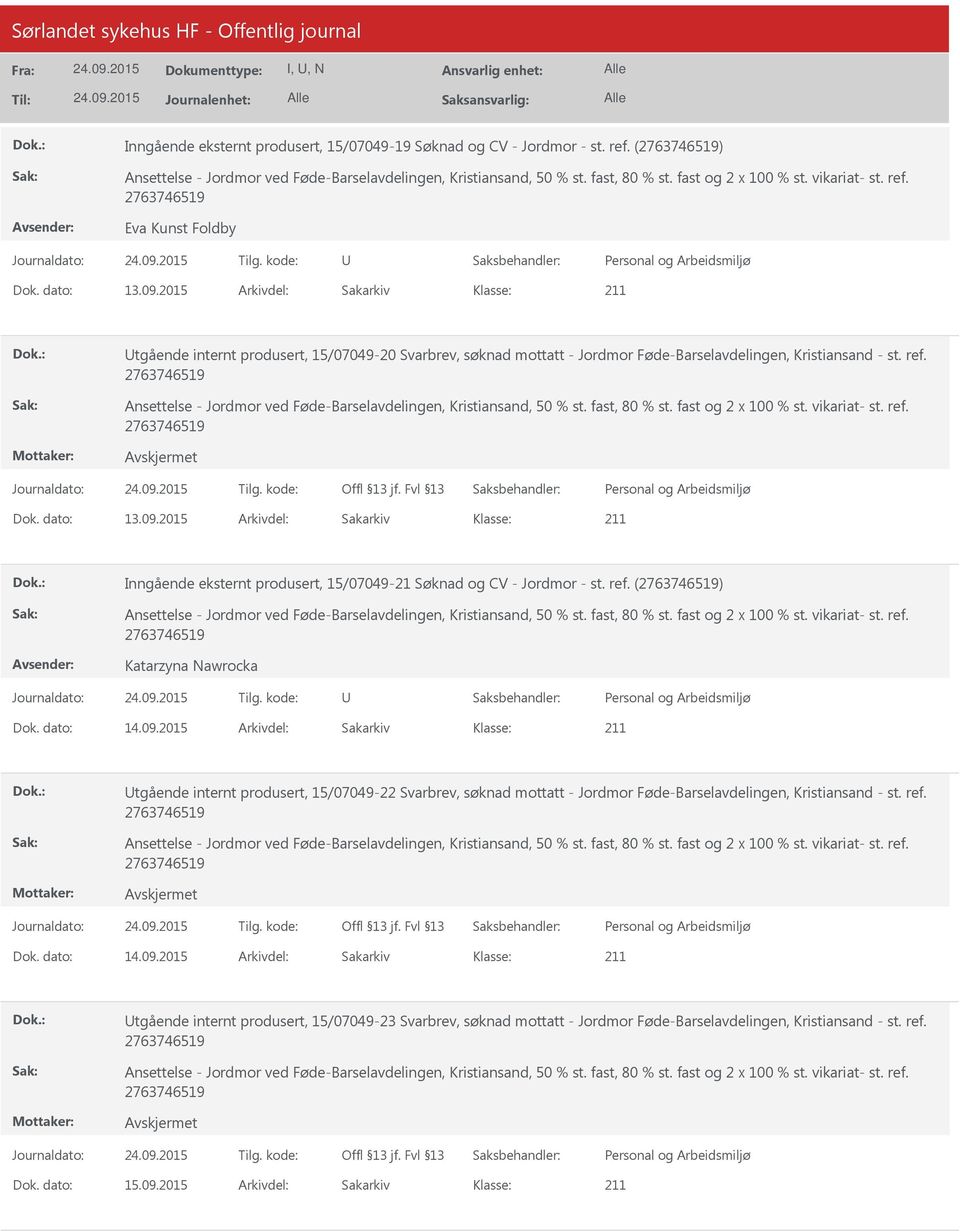 2015 Arkivdel: Sakarkiv Inngående eksternt produsert, 15/07049-21 Søknad og CV - Jordmor - st. ref. () Katarzyna Nawrocka Dok. dato: 14.09.