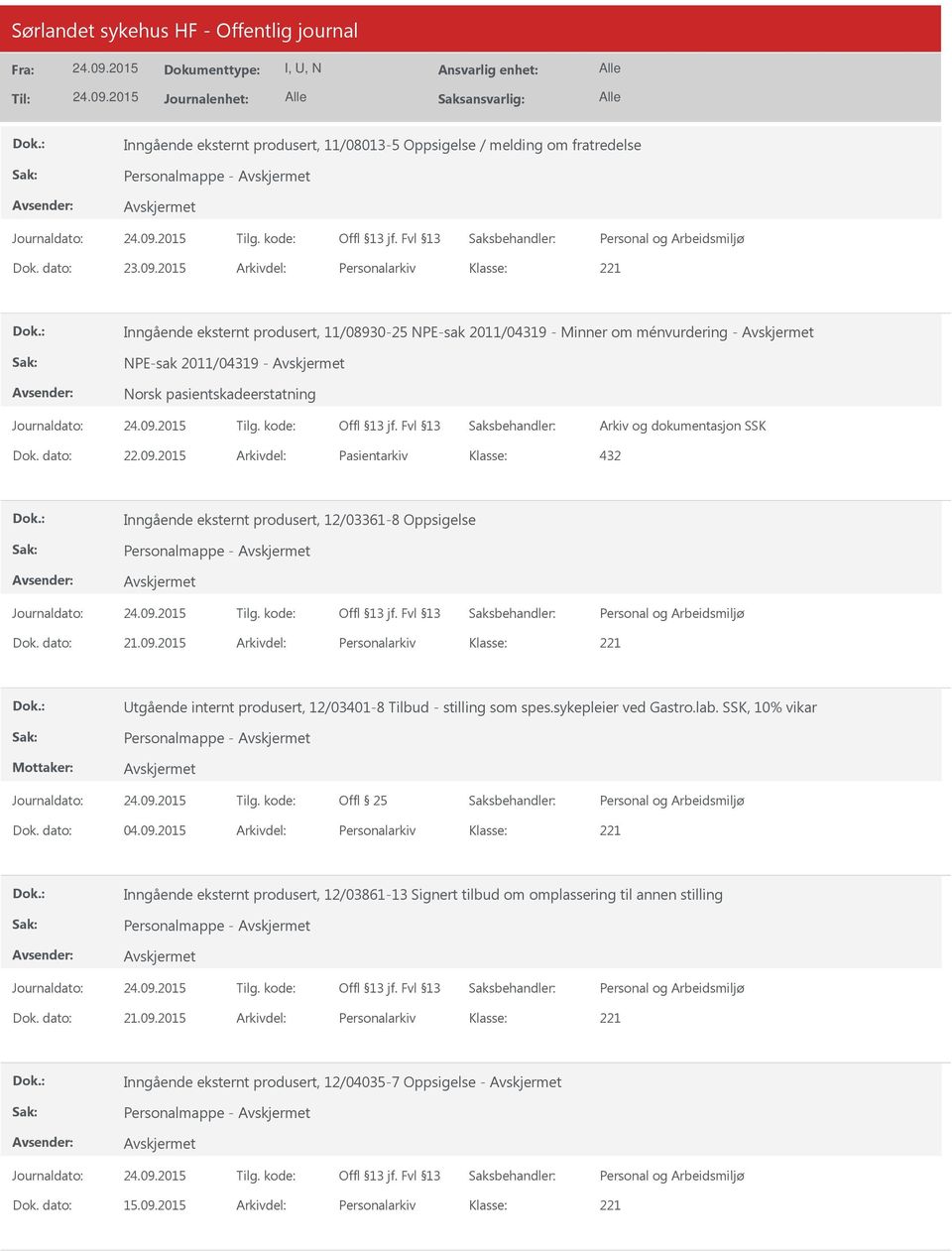 2015 Arkivdel: Pasientarkiv 432 Inngående eksternt produsert, 12/03361-8 Oppsigelse Personalmappe - Dok. dato: 21.09.