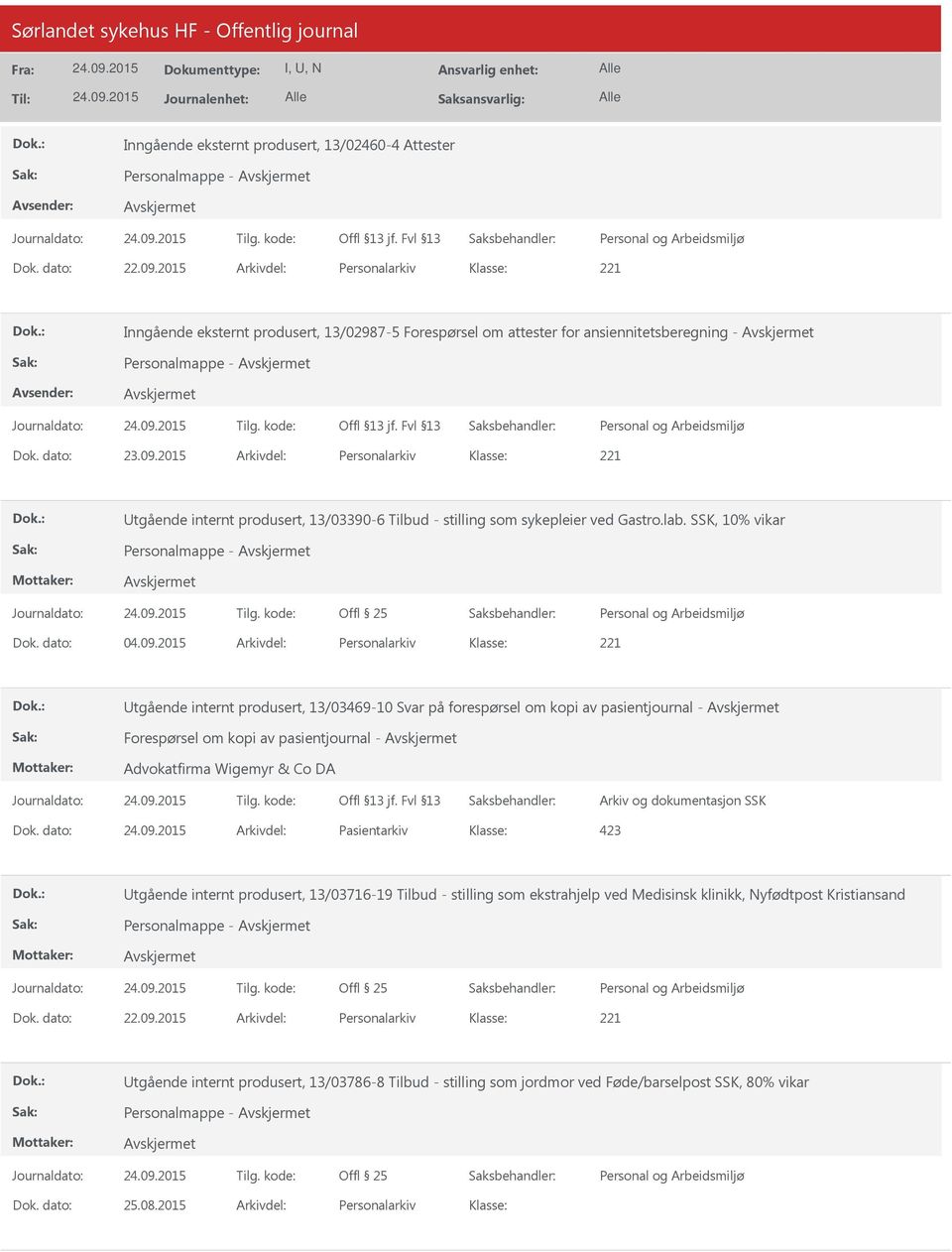 2015 Arkivdel: Personalarkiv tgående internt produsert, 13/03390-6 Tilbud - stilling som sykepleier ved Gastro.lab. SSK, 10% vikar Personalmappe - Dok. dato: 04.09.