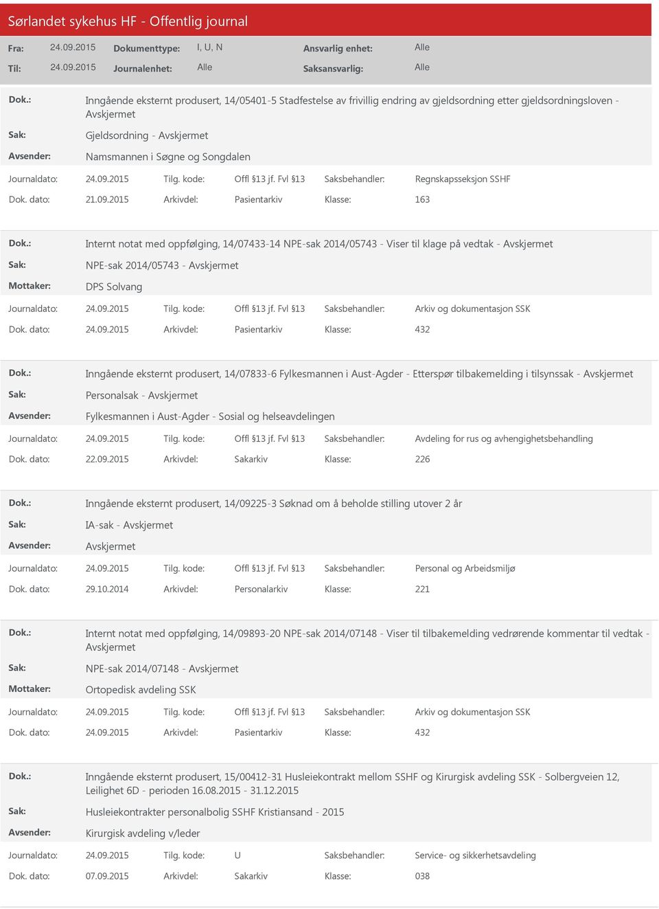 dato: Arkivdel: Pasientarkiv 432 Inngående eksternt produsert, 14/07833-6 Fylkesmannen i Aust-Agder - Etterspør tilbakemelding i tilsynssak - Personalsak - Fylkesmannen i Aust-Agder - Sosial og