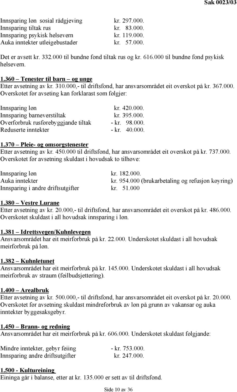 367.000. Overskotet før avseting kan forklarast som følgjer: Innsparing løn kr. 420.000. Innsparing barneverstiltak kr. 395.000. Overforbruk rusførebyggjande tiltak - kr. 98.000. Reduserte inntekter - kr.