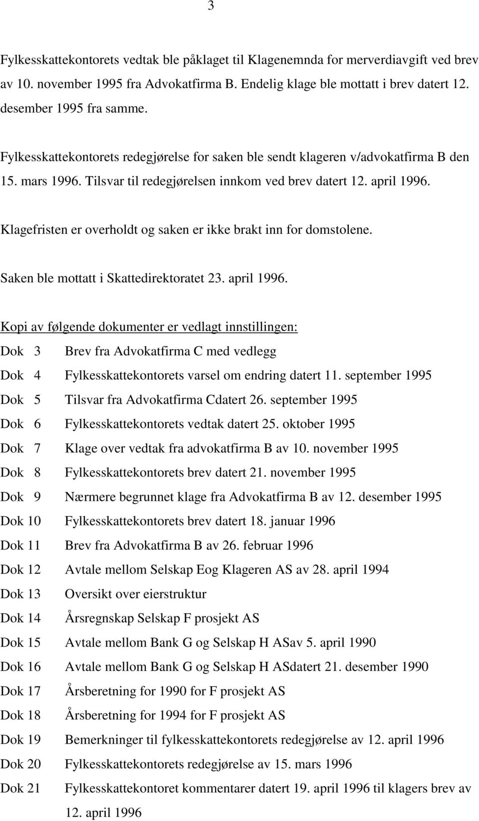 Klagefristen er overholdt og saken er ikke brakt inn for domstolene. Saken ble mottatt i Skattedirektoratet 23. april 1996.