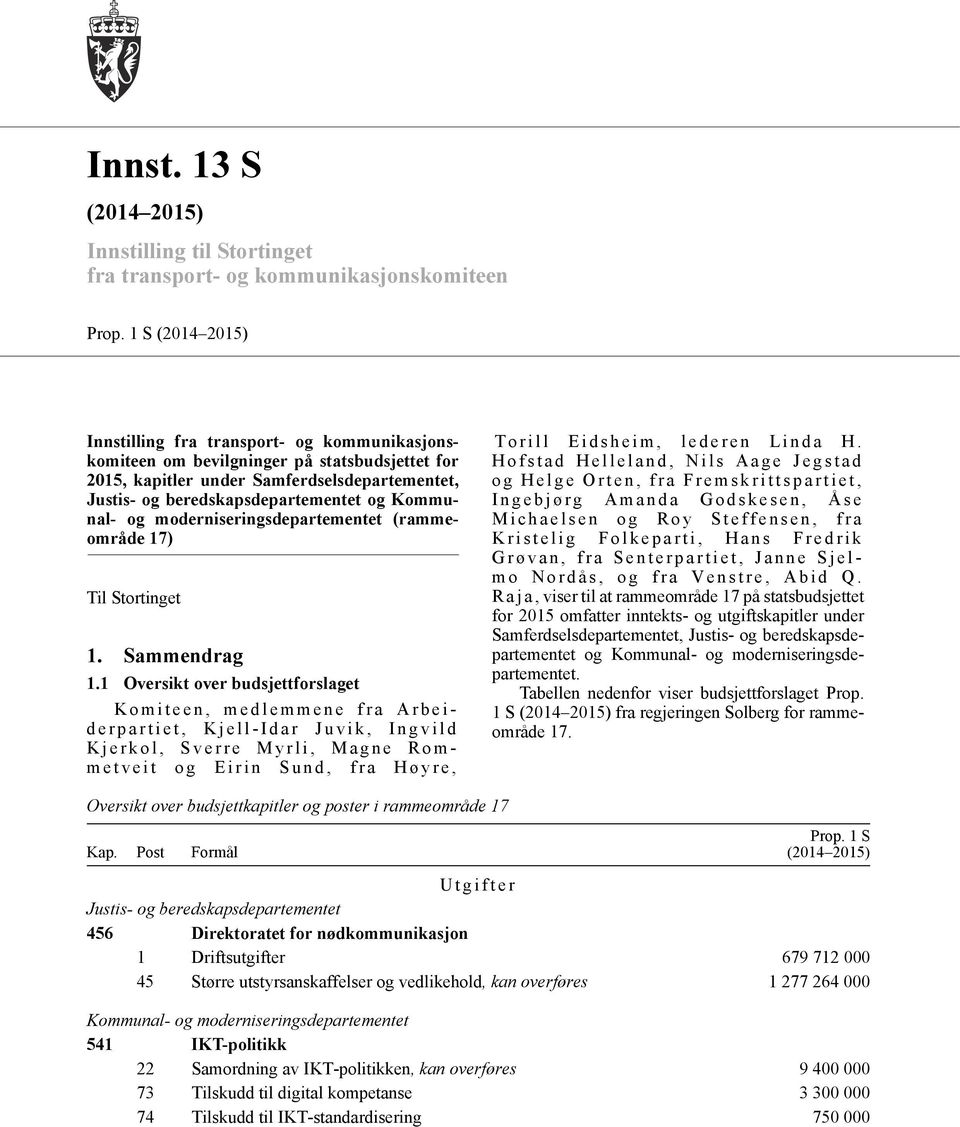 Kommunal- og moderniseringsdepartementet (rammeområde 17) Til Stortinget 1. Sammendrag 1.