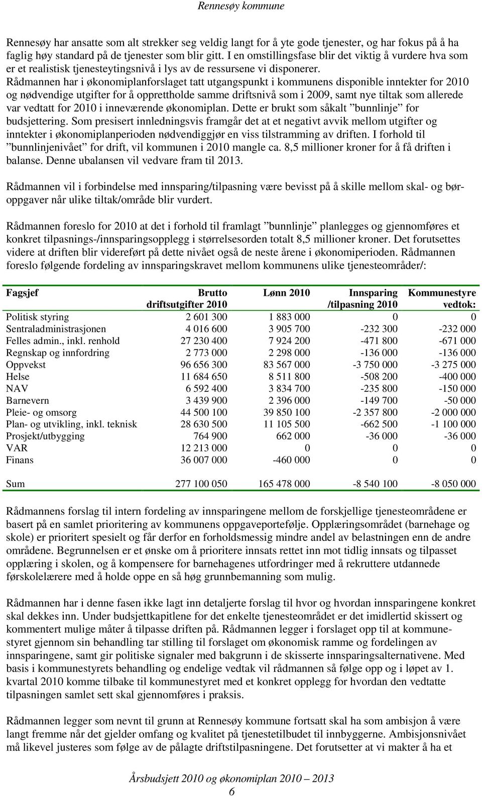 Rådmannen har i økonomiplanforslaget tatt utgangspunkt i kommunens disponible inntekter for 2010 og nødvendige utgifter for å opprettholde samme driftsnivå som i 2009, samt nye tiltak som allerede