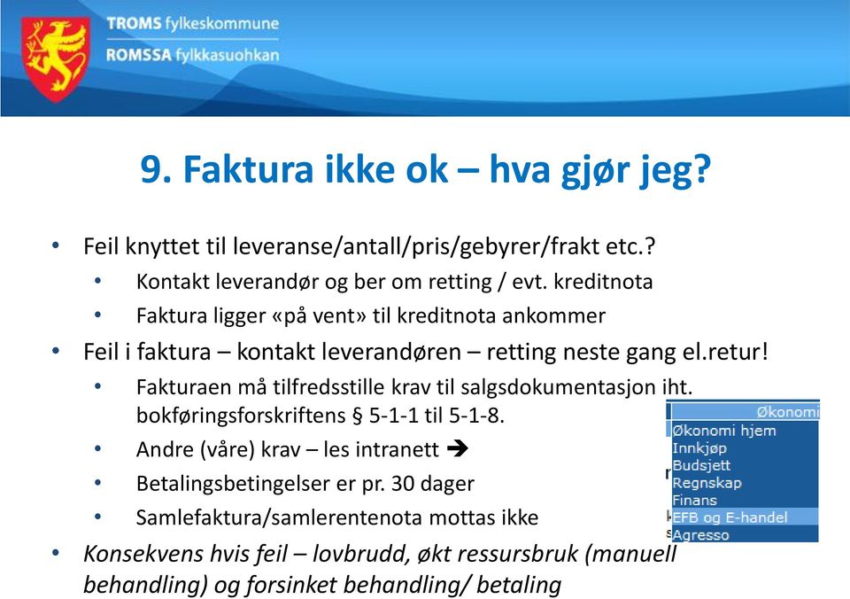 Fakturaen må tilfredsstille krav til salgsdokumentasjon iht. bokføringsforskriftens 5-1-1 til 5-1-8.