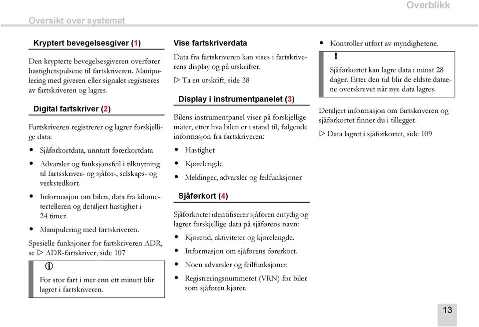 Digital fartskriver (2) Fartskriveren registrerer og lagrer forskjellige data: Sjåførkortdata, unntatt førerkortdata Advarsler og funksjonsfeil i tilknytning til fartsskriver- og sjåfør-, selskaps-