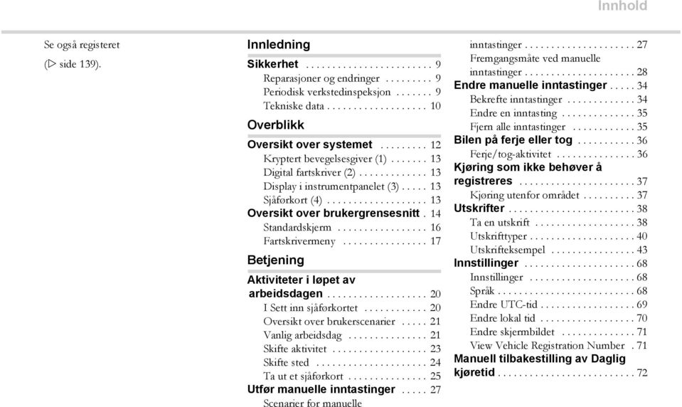 .................. 13 Oversikt over brukergrensesnitt. 14 Standardskjerm................. 16 Fartskrivermeny................ 17 Betjening Aktiviteter i løpet av arbeidsdagen.