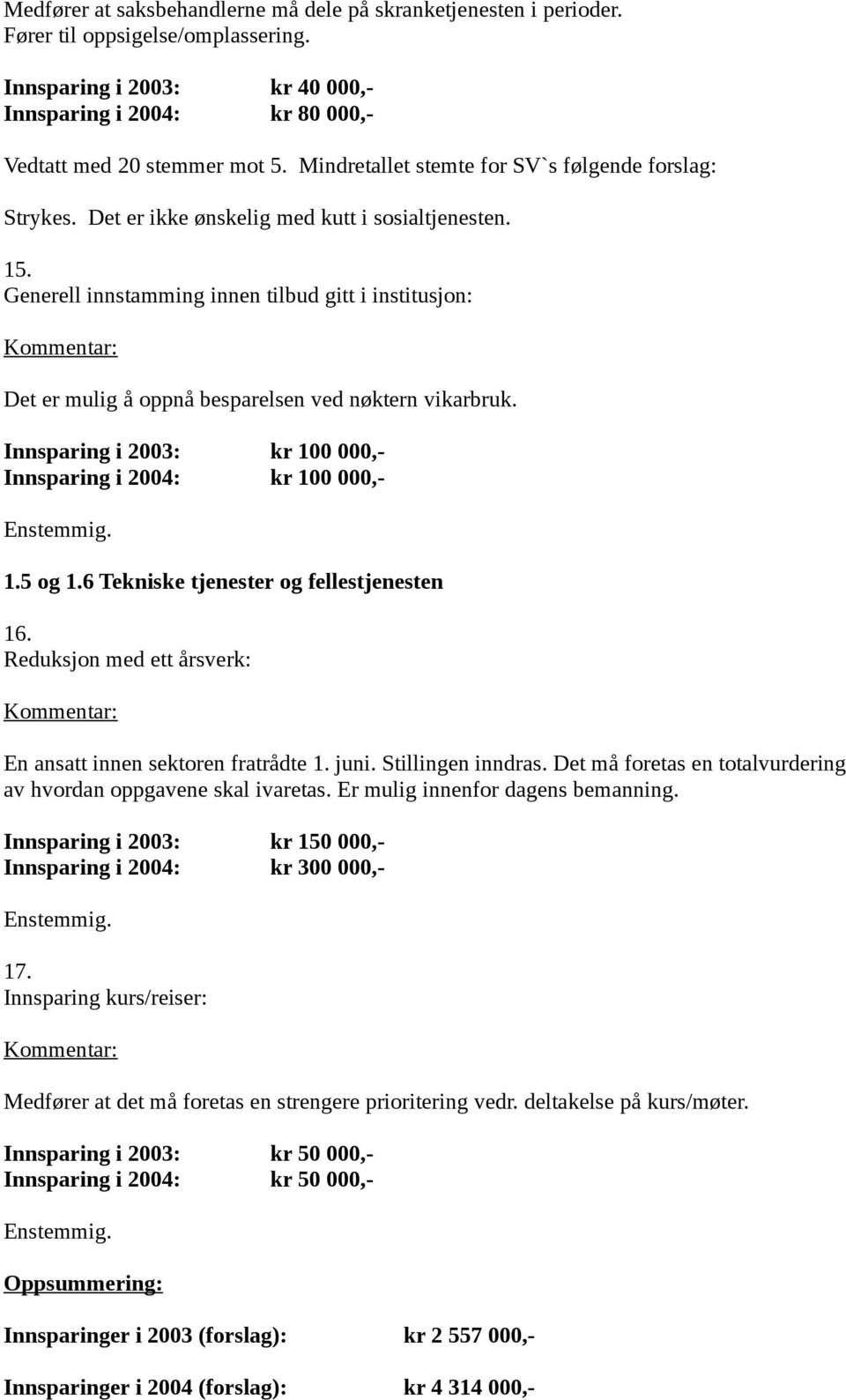 Generell innstamming innen tilbud gitt i institusjon: Det er mulig å oppnå besparelsen ved nøktern vikarbruk. Innsparing i 2003: kr 100 000,- Innsparing i 2004: kr 100 000,- 1.5 og 1.