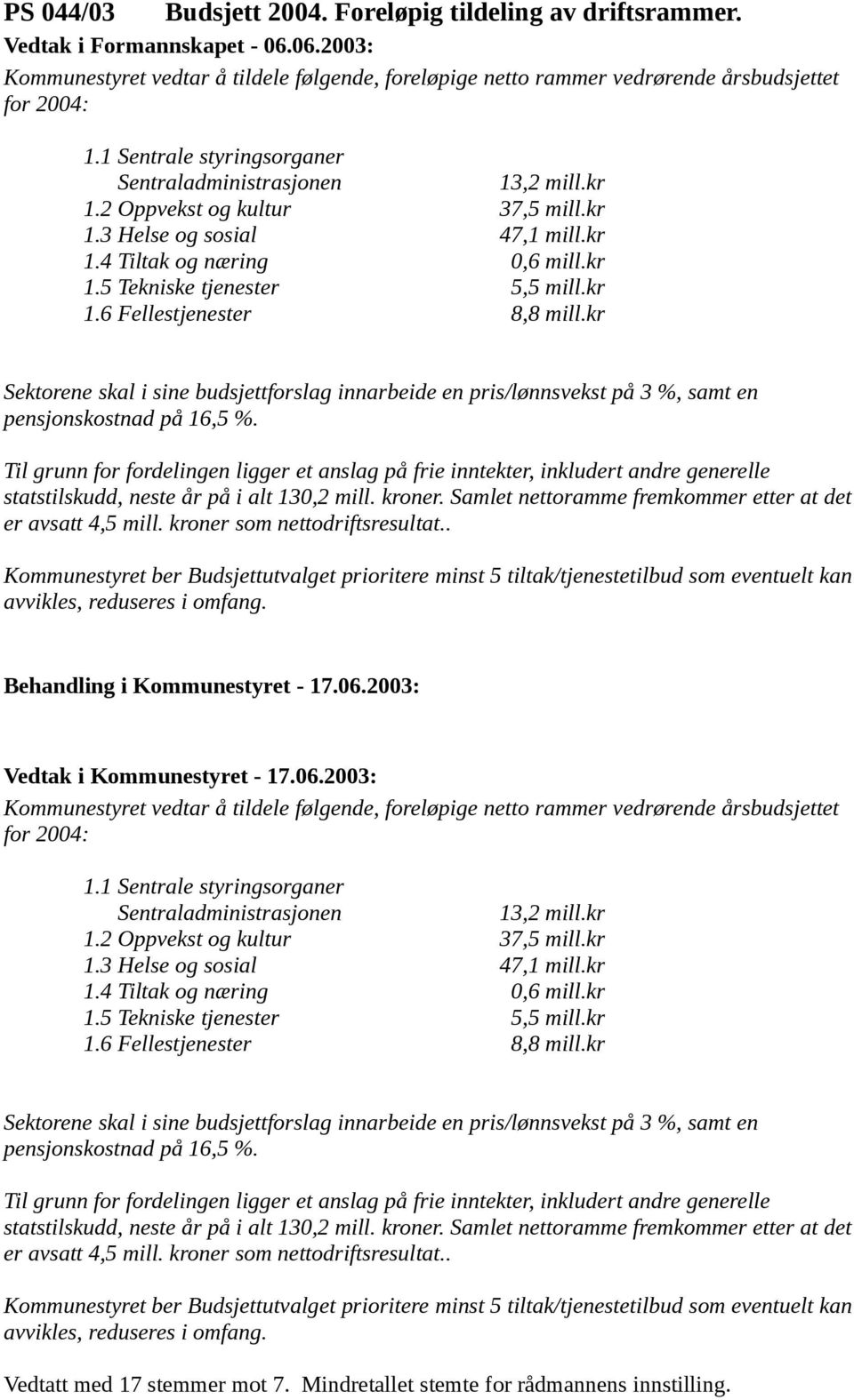 kr 1.6 Fellestjenester 8,8 mill.kr Sektorene skal i sine budsjettforslag innarbeide en pris/lønnsvekst på 3 %, samt en pensjonskostnad på 16,5 %.