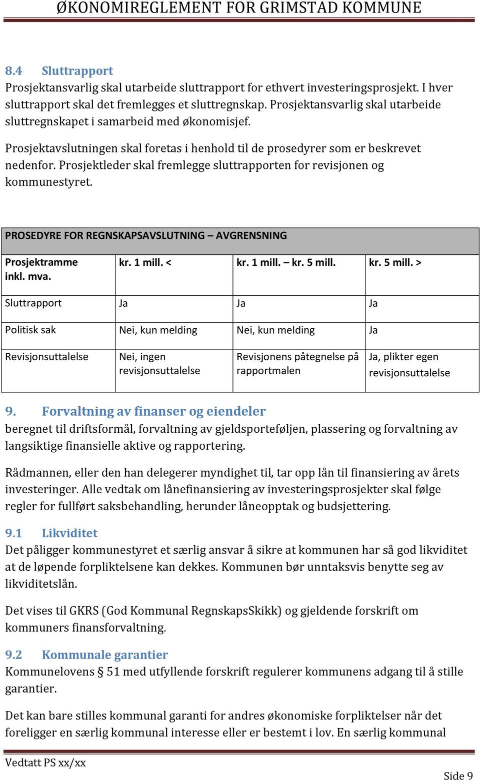 Prosjektleder skal fremlegge sluttrapporten for revisjonen og kommunestyret. PROSEDYRE FOR REGNSKAPSAVSLUTNING AVGRENSNING Prosjektramme inkl. mva. kr. 1 mill. < kr. 1 mill. kr. 5 mill.