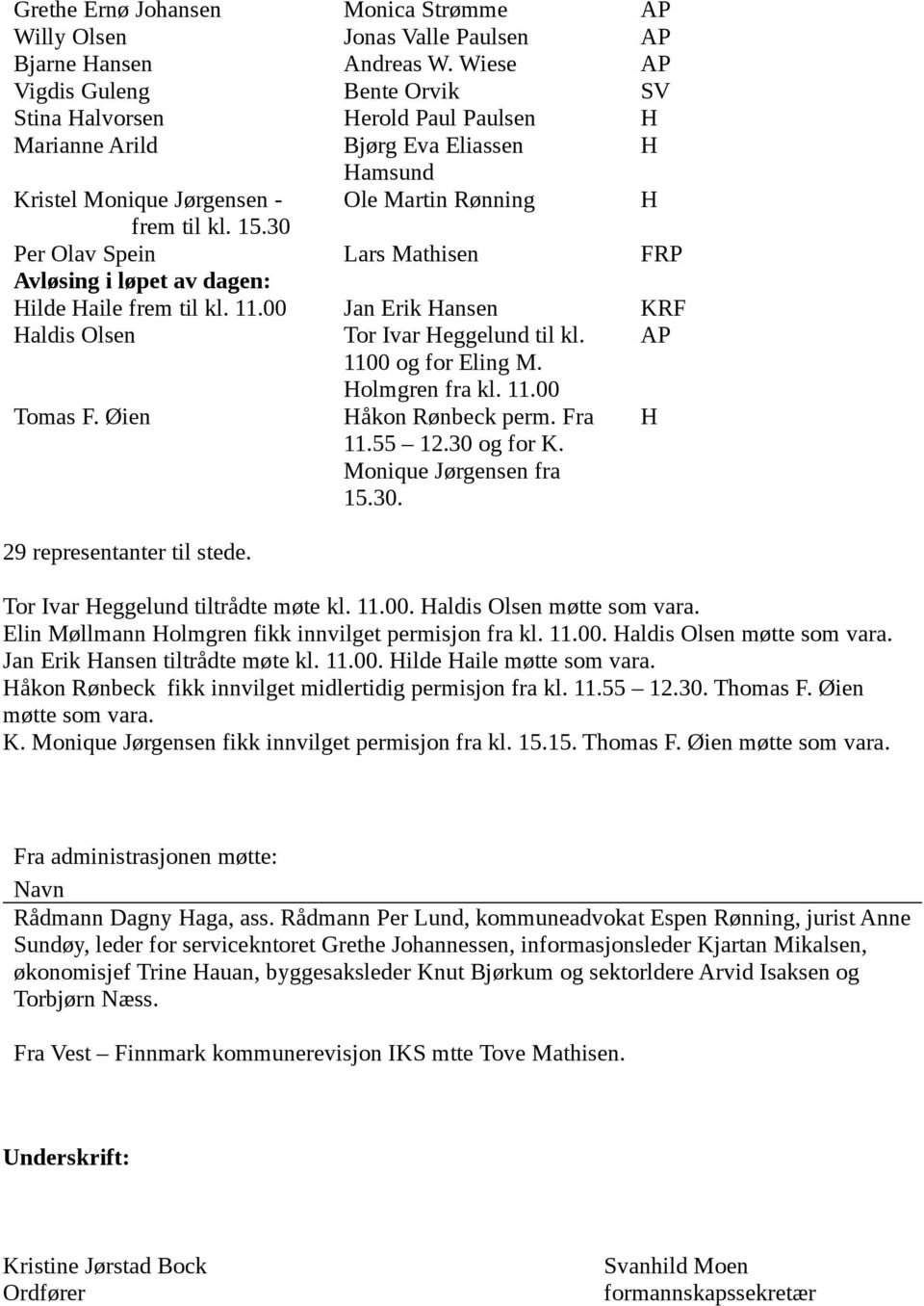 30 Per Olav Spein Lars Mathisen FRP Avløsing i løpet av dagen: Hilde Haile frem til kl. 11.00 Jan Erik Hansen KRF Haldis Olsen Tor Ivar Heggelund til kl. AP 1100 og for Eling M. Holmgren fra kl. 11.00 Tomas F.