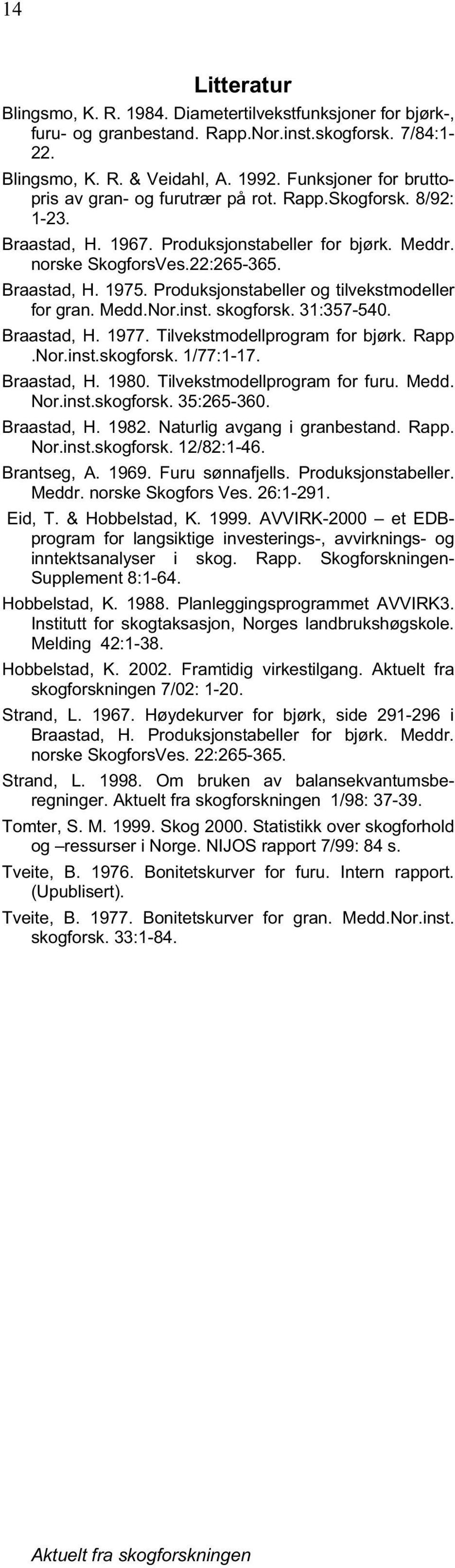 Produksjonstabeller og tilvekstmodeller for gran. Medd.Nor.inst. skogforsk. 31:357-54. Braastad, H. 1977. Tilvekstmodellprogram for bjørk. Rapp.Nor.inst.skogforsk. 1/77:1-17. Braastad, H. 198.