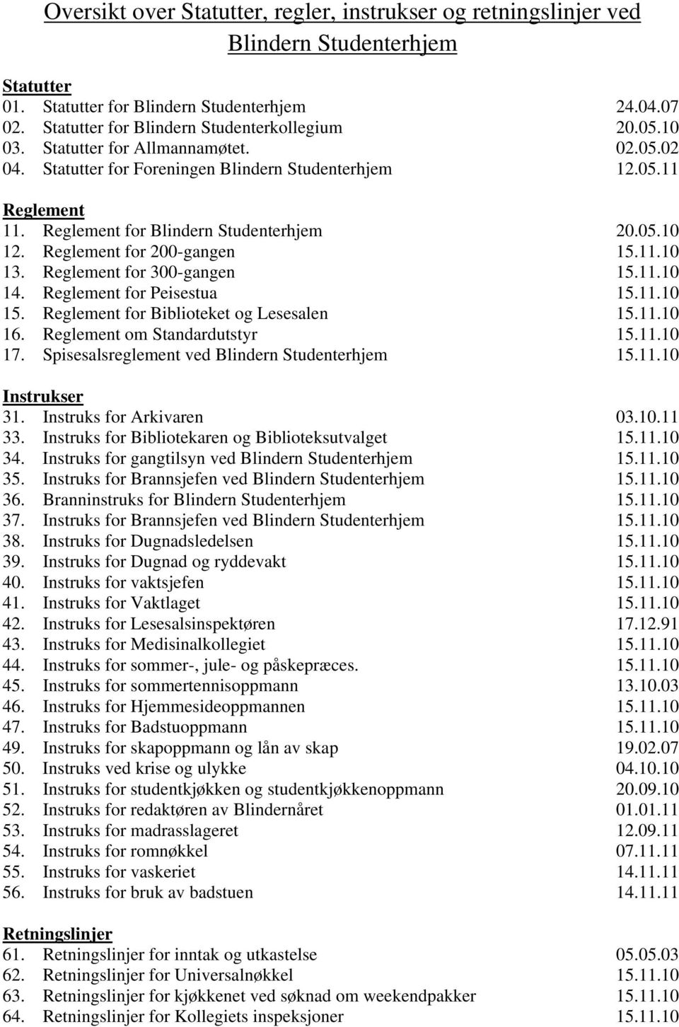 Reglement for 200-gangen 15.11.10 13. Reglement for 300-gangen 15.11.10 14. Reglement for Peisestua 15.11.10 15. Reglement for Biblioteket og Lesesalen 15.11.10 16. Reglement om Standardutstyr 15.11.10 17.