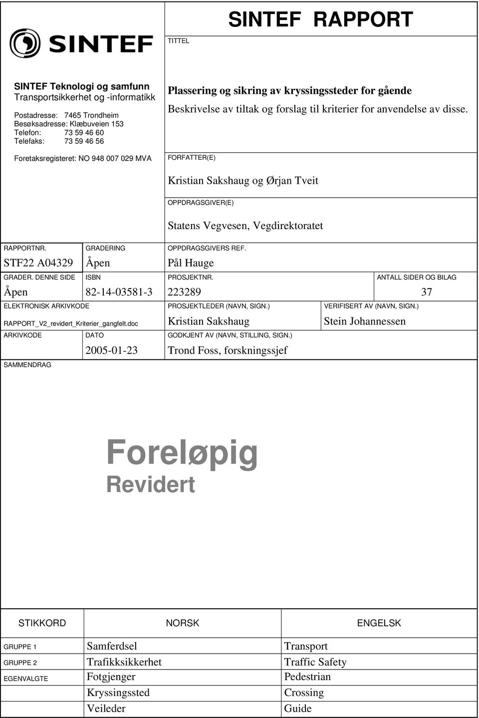 FORFATTER(E) Kristian Sakshaug og Ørjan Tveit OPPDRAGSGIVER(E) Statens Vegvesen, Vegdirektoratet RAPPORTNR. GRADERING OPPDRAGSGIVERS REF. STF22 A04329 Åpen Pål Hauge GRADER.